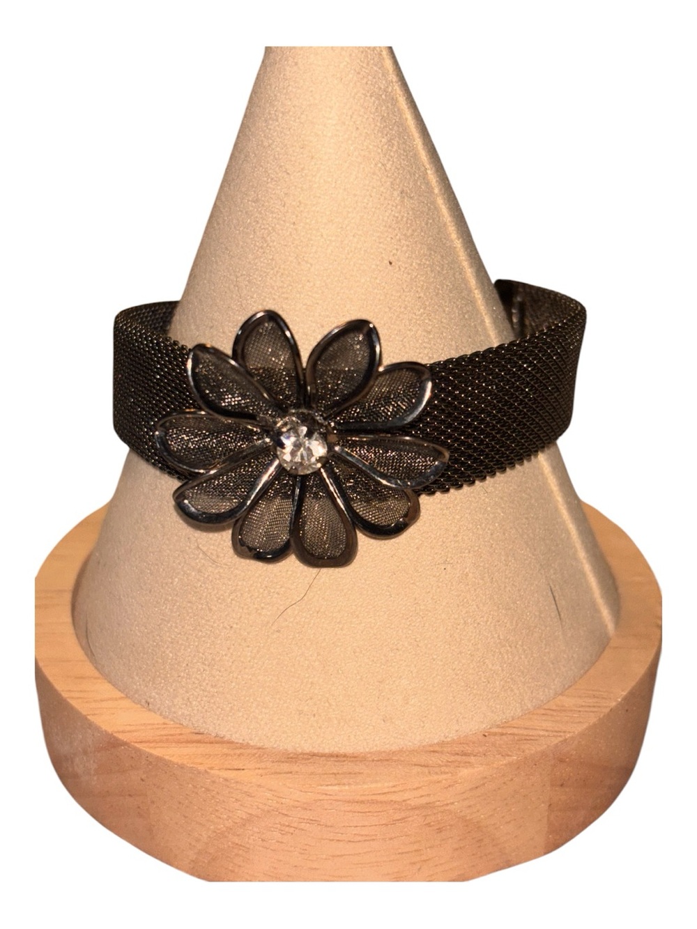 Black Mesh Flower Bracelet with Crystal Accent 7” with 2” extender